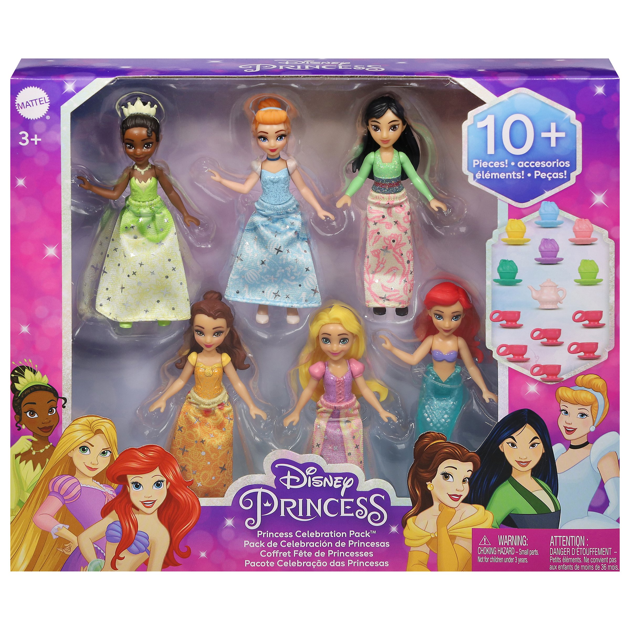 Mattel Disney Princess Toys, 6 Posable Small Dolls with Sparkling Clothing  and 13 Tea Party Accessories Inspired by Disney Movies