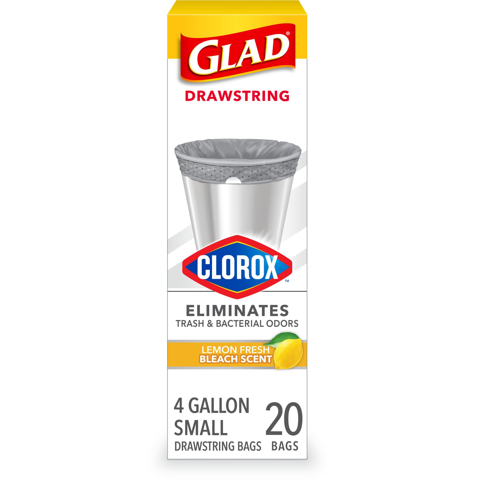 Glad Small Drawstring Trash Bags with Clorox, 4 Gallon Lemon Fresh