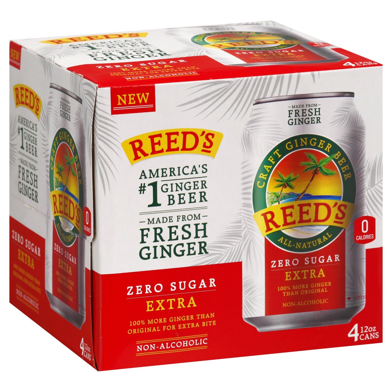 Reed's Zero Sugar Extra Ginger Non-Alcoholic Beer 12 oz Cans, 4 pk