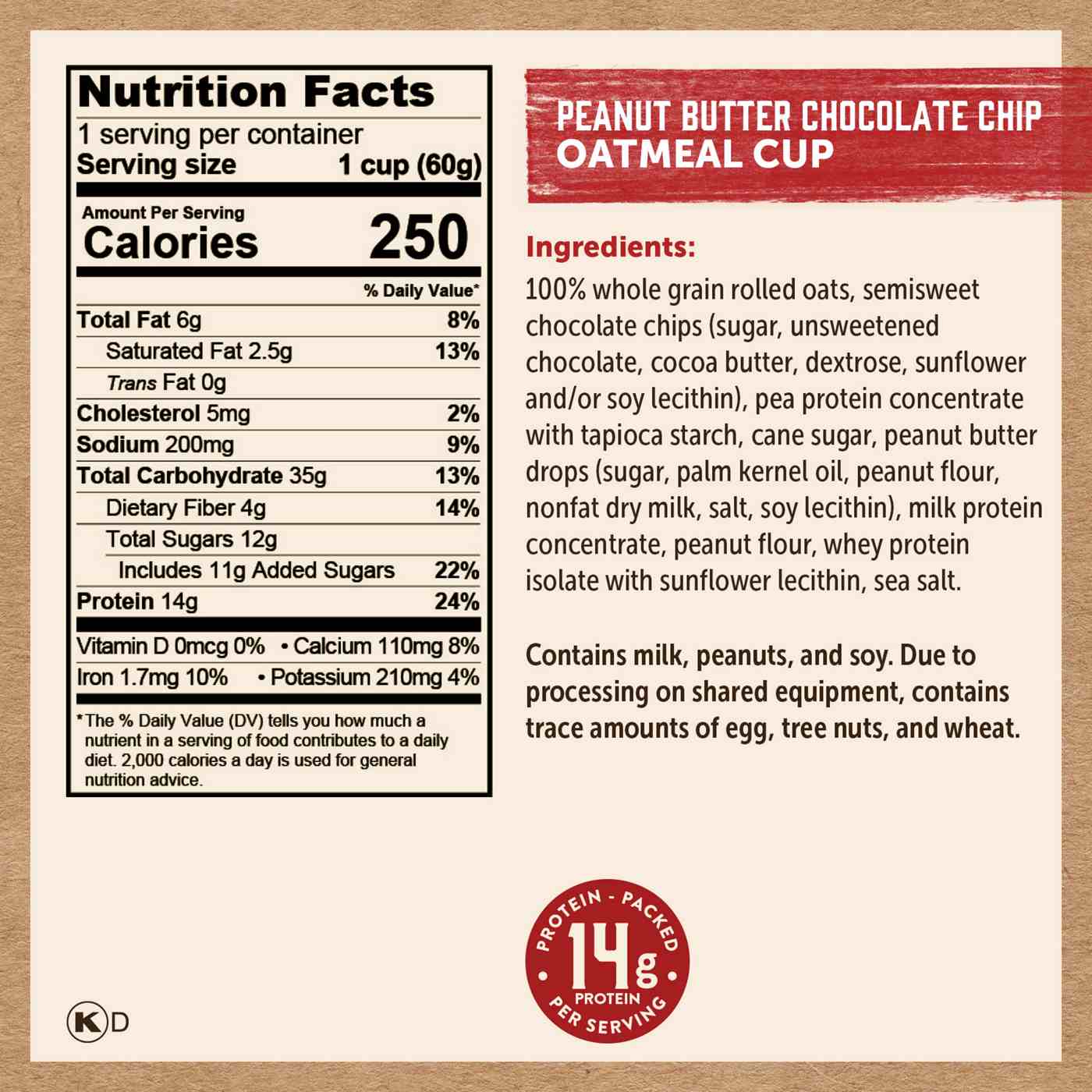 Kodiak 14g Protein Oatmeal Power Cup - Peanut Butter Chocolate Chip; image 3 of 3