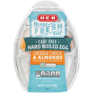 H-E-B Ready, Fresh, Go! Snack Tray - Cage-Free Hard Boiled Egg, Cheddar & Almonds, 2.85 oz