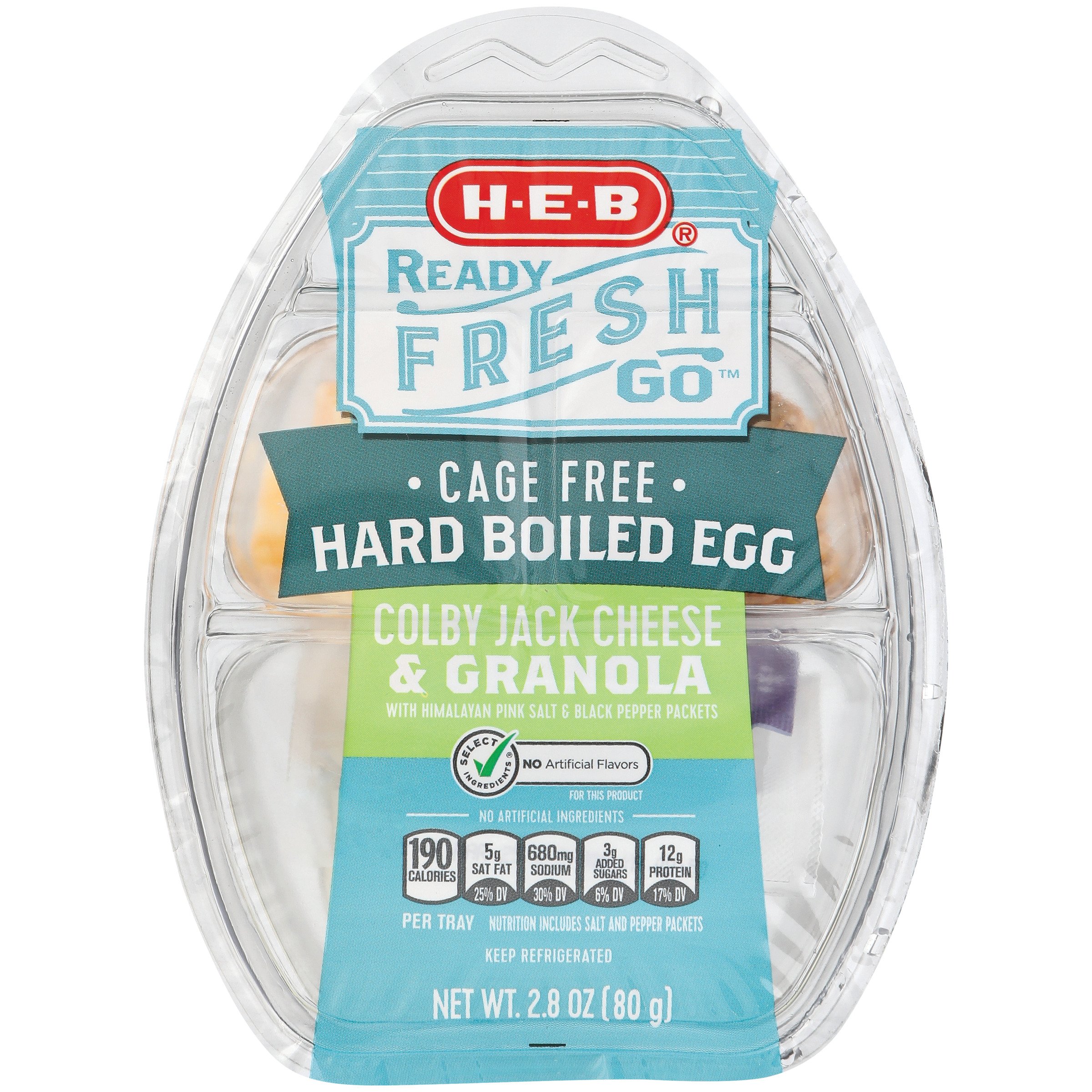 H-E-B Ready, Fresh, Go! Snack Tray - Cage-Free Hard Boiled Egg, Colby Jack & Granola, 2.8 oz