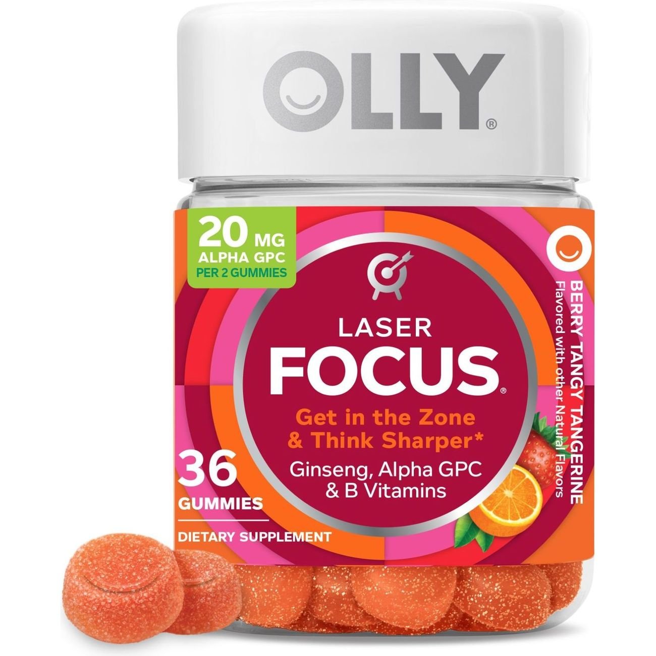 OLLY Laser Focus Ginseng, Alpha GPC & Vitamin B Cognitive Support Gummies - Berry Tangerine, 36 ct