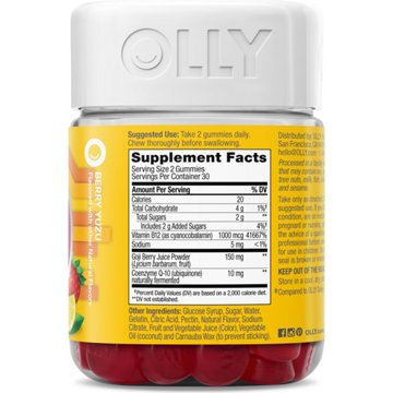 OLLY Extra Strength Daily Energy CoQ10 & B12 Caffeine Free Gummies - Berry Yuzu, 60 ct
