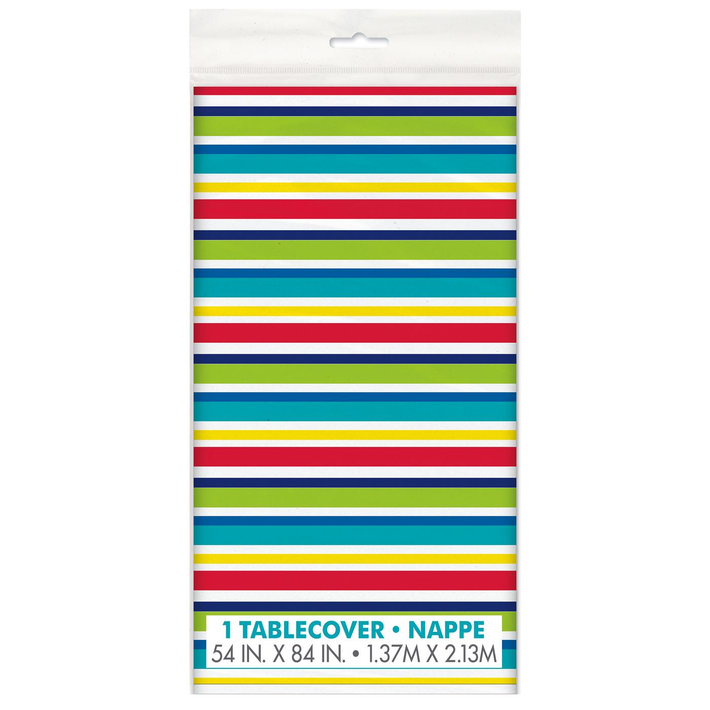 unique Plastic Table Cover - Multi-Color Stripes; image 1 of 2