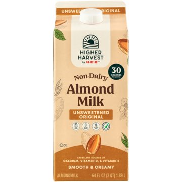 Higher Harvest by H-E-B Non-Dairy Unsweetened Original Almond Milk, 1/2 gal