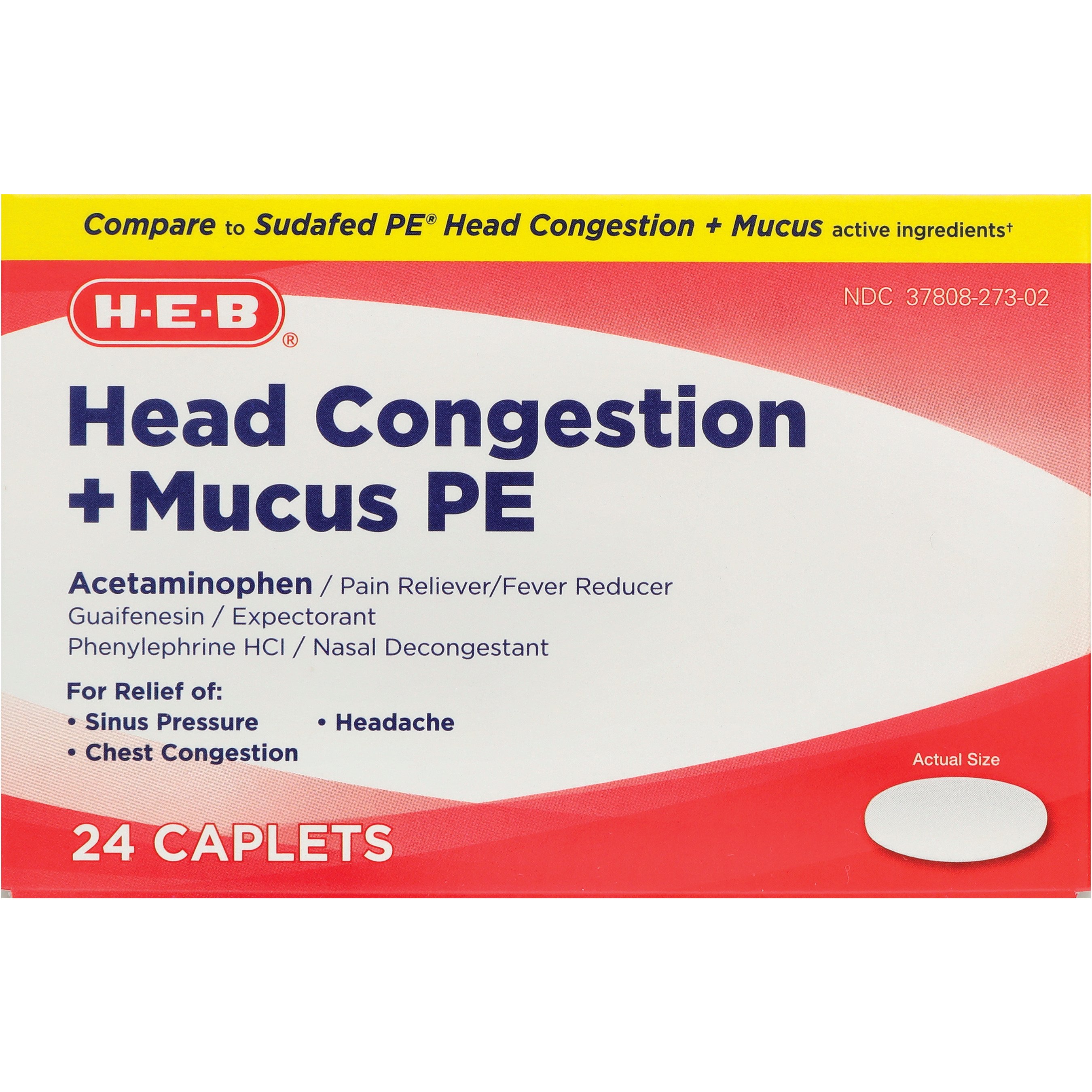 H-E-B Head Congestion + Mucus PE Caplets, 24 ct