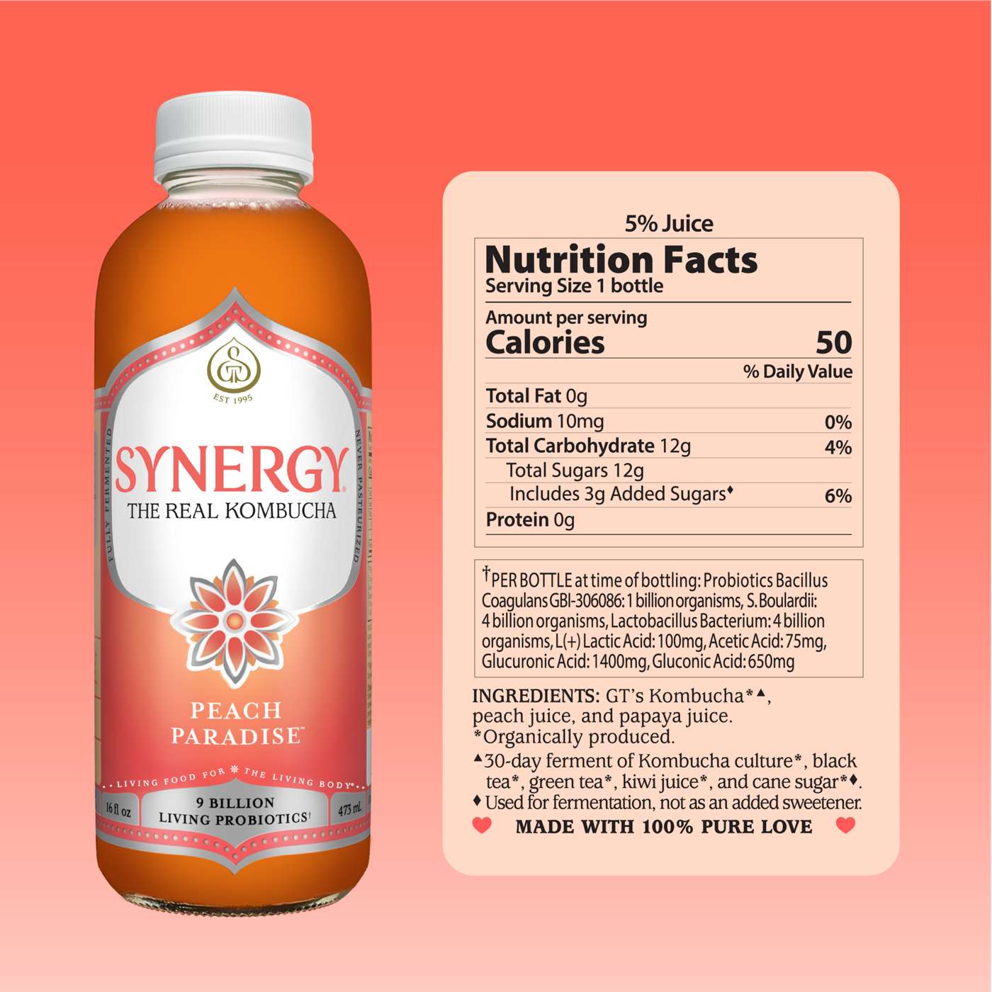 GT's Synergy Peach Paradise Raw Kombucha; image 3 of 6