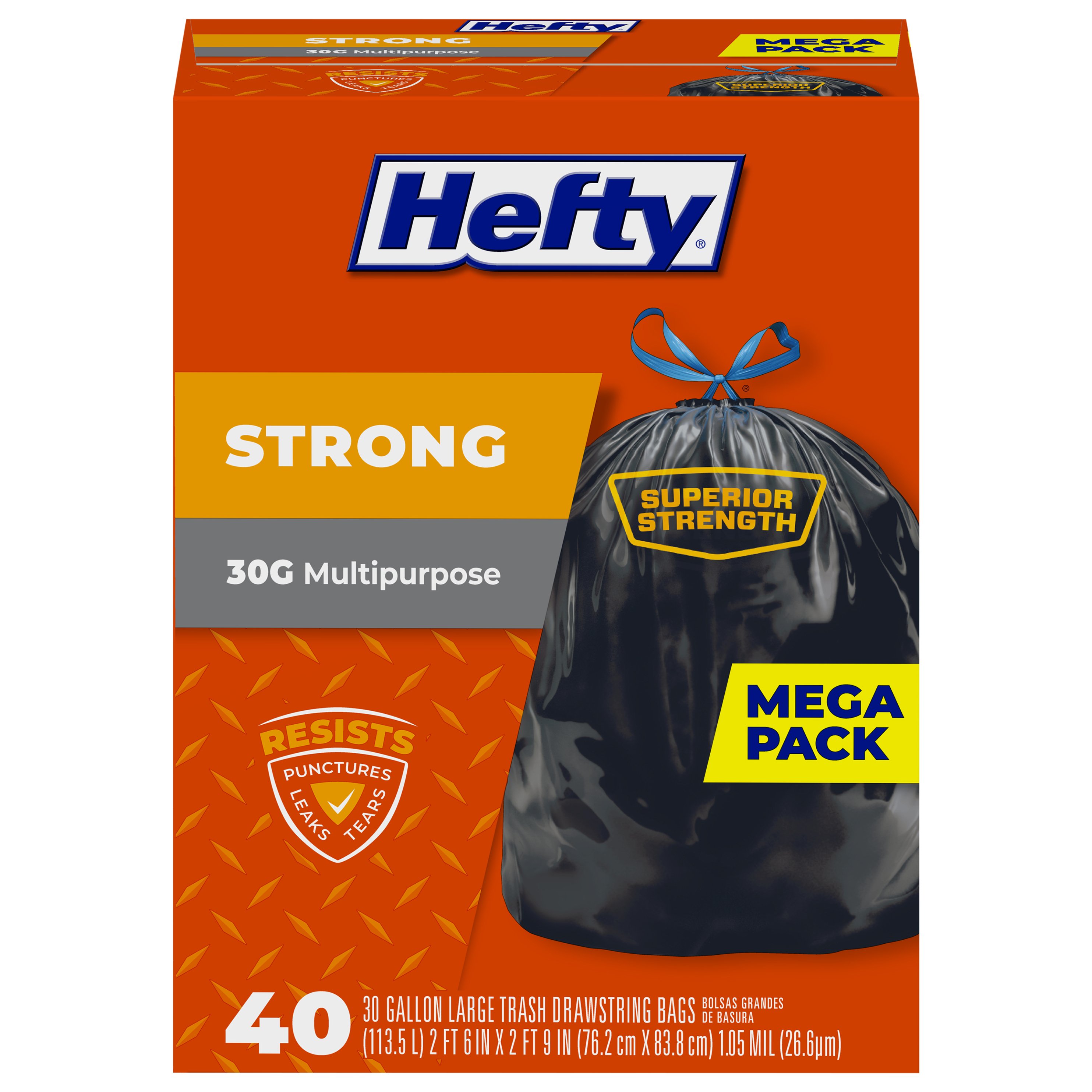 Hefty Strong Trash Bags, Multipurpose, Drawstring, Large, 30 Gallon - 20 bags