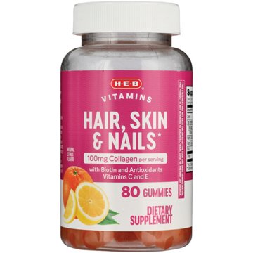 H-E-B Vitamins Hair, Skin & Nail + Collagen Gummies - Citrus, 80 ct