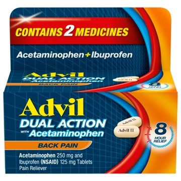 Advil Dual Action Back Pain Caplets delivers 250mg Ibuprofen and 500mg Acetaminophen Per Dose for 8 Hours of Back Pain Relief