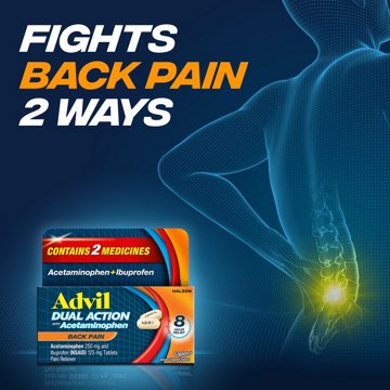 Advil Dual Action Back Pain Caplets delivers 250mg Ibuprofen and 500mg Acetaminophen Per Dose for 8 Hours of Back Pain Relief