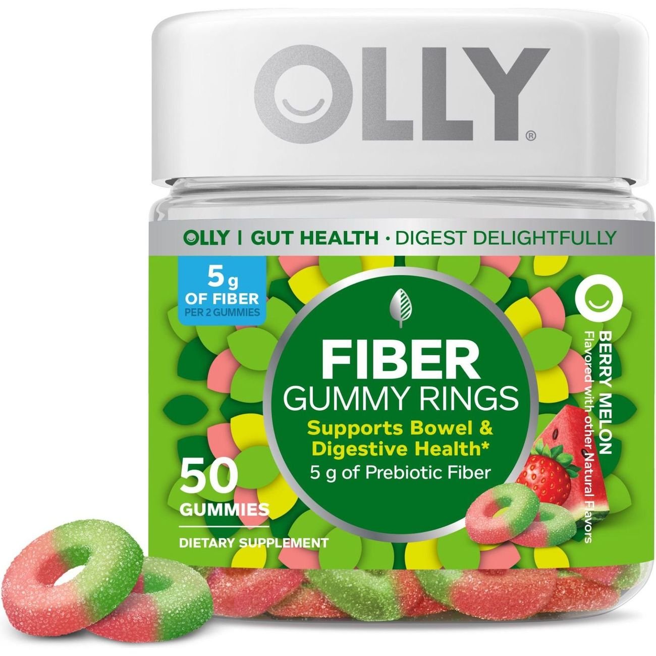 OLLY Prebiotic 5 mg Fiber Digestive Support Gummy Rings - Strawberry Watermelon, 50 ct