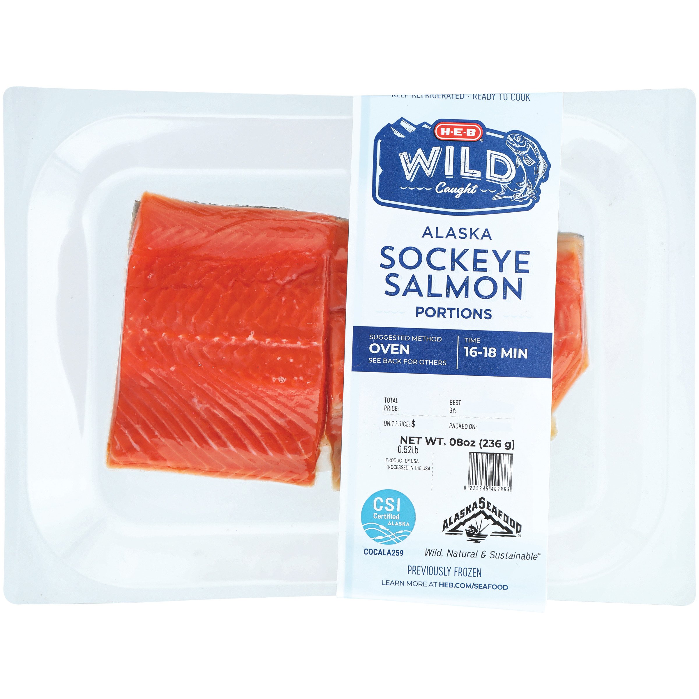 H-E-B Wild Caught Alaska Sockeye Salmon Portions, Avg. 0.6 lb