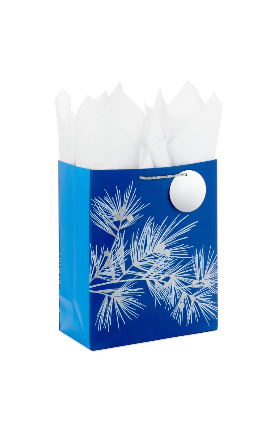 Hallmark Dark Blue with Silver Pine Tree Branch Large Holiday Gift Bag with Tissue Paper & Gift Tag - #56; image 1 of 5