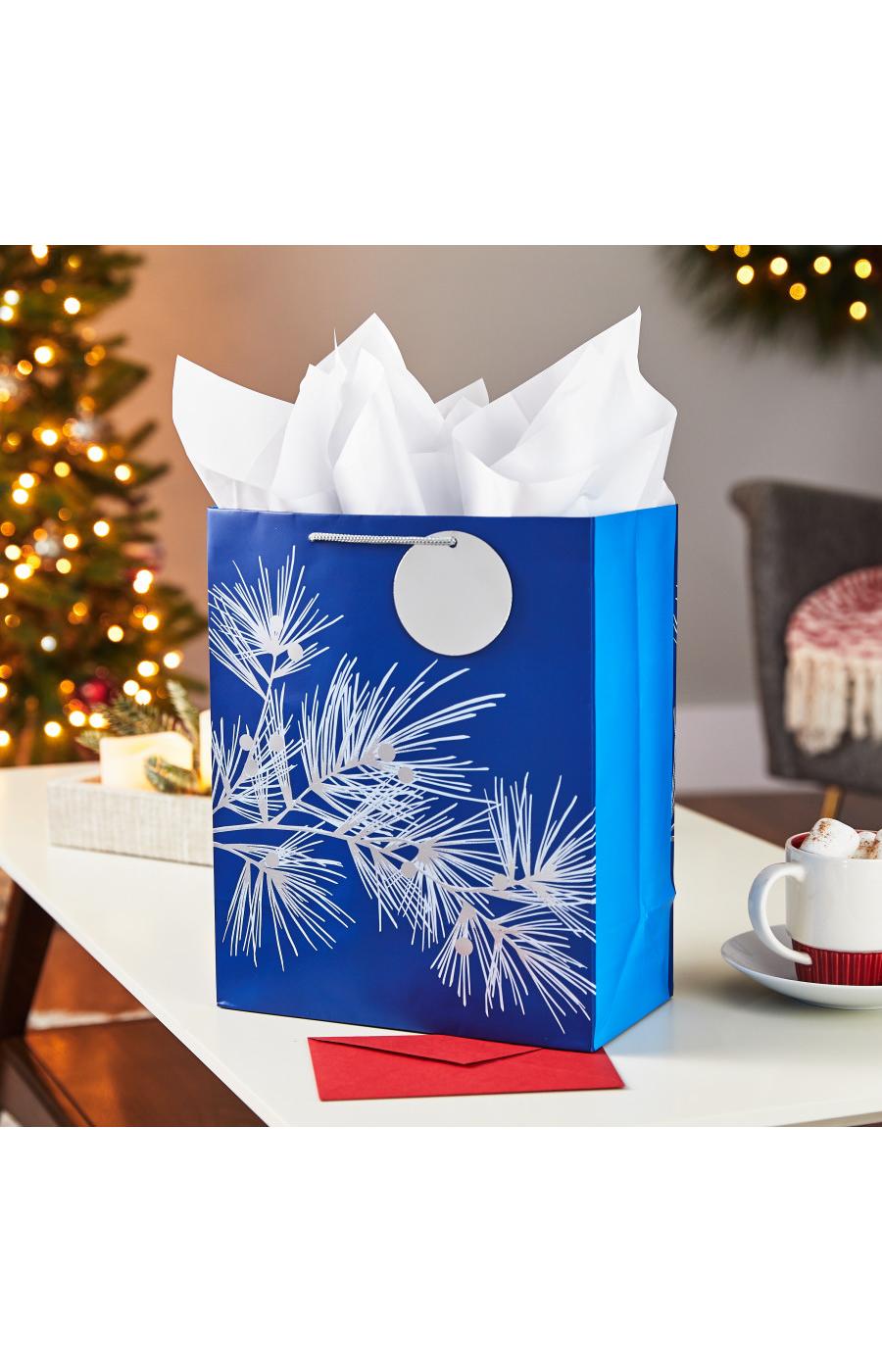 Hallmark Dark Blue with Silver Pine Tree Branch Large Holiday Gift Bag with Tissue Paper & Gift Tag - #56; image 4 of 5