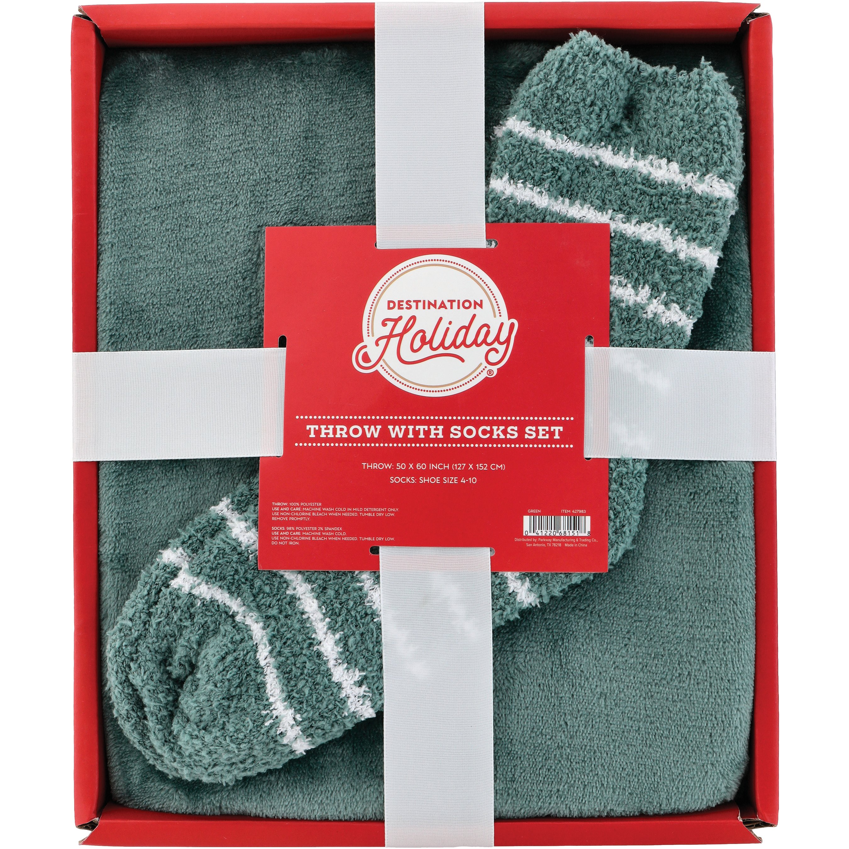 Destination Holiday Plush Throw Blanket with Striped Socks Set Green