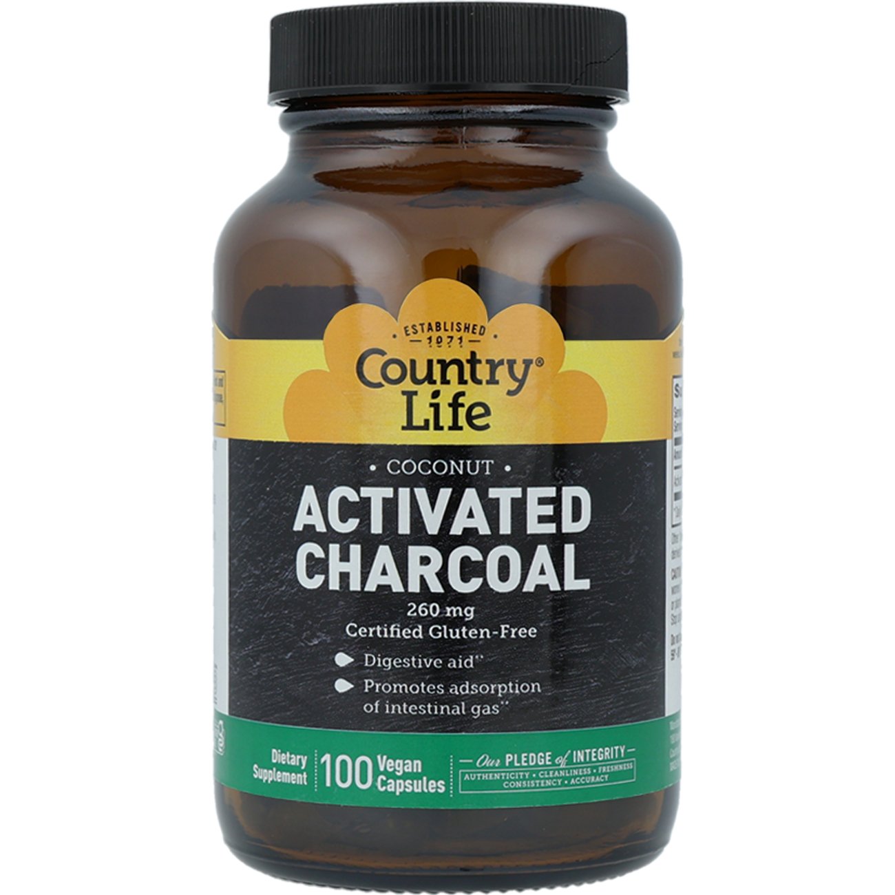 Country Life Vitamins Activated Charcoal 260mg Capsules, 100 ct