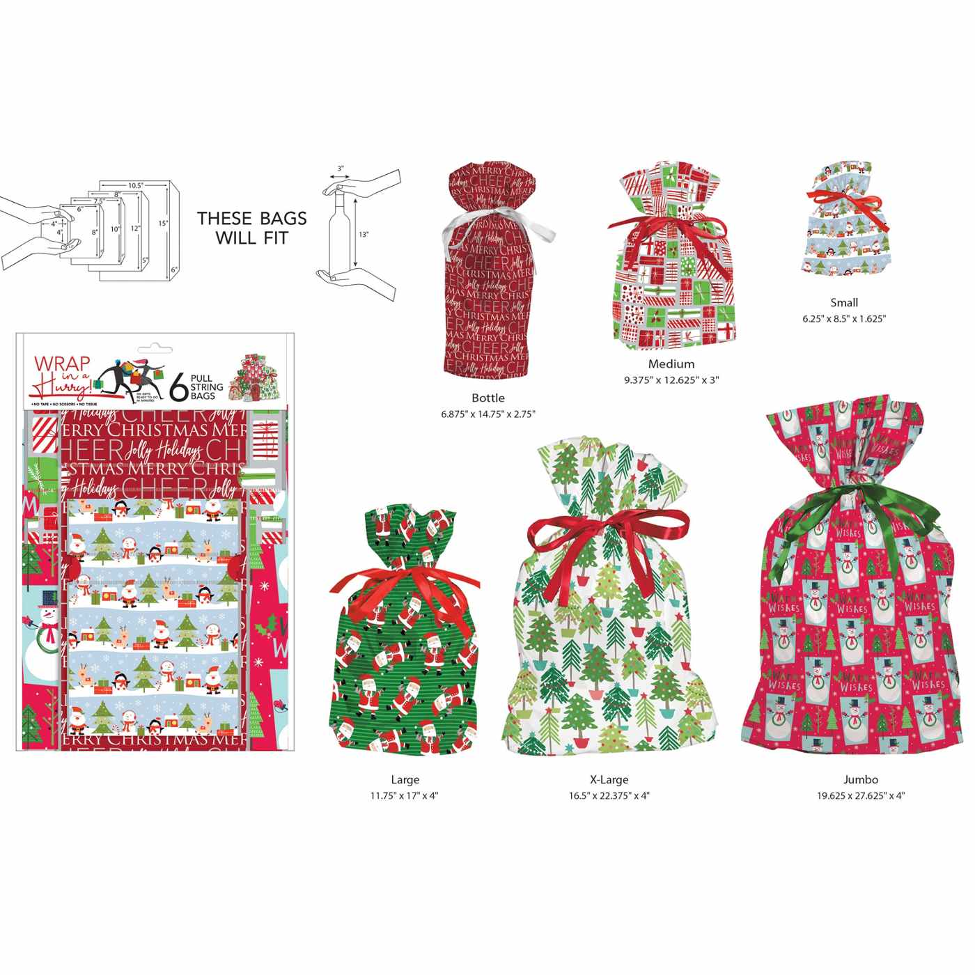 Wrap in a Hurry Assorted Pull String Christmas Gift Bags; image 2 of 2