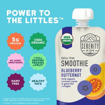 Serenity Kids Dairy Free Blueberry Butternut Smoothie with Organic Coconut Cream & Grass Fed Collagen Baby Food Pouch