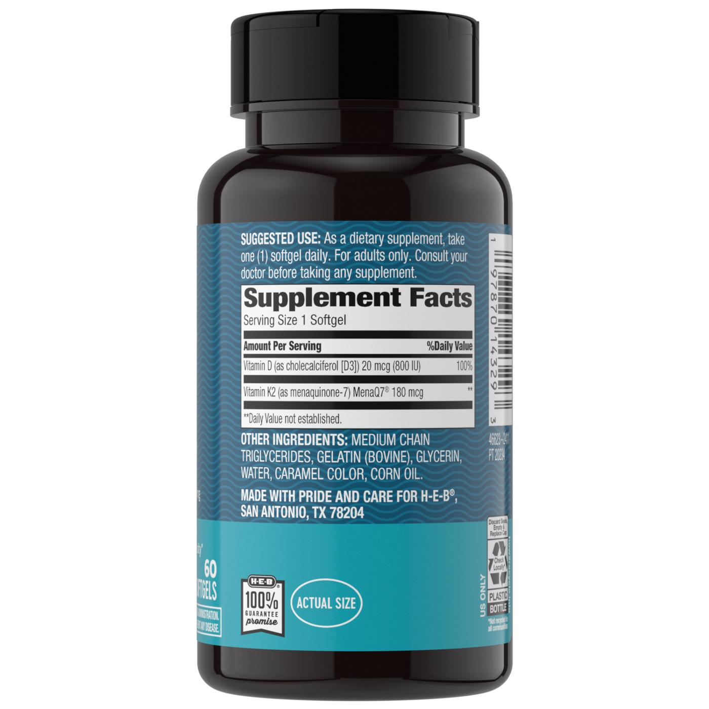 H-E-B Vitamins Advanced K2 180mcg  + D3 20mcg Softgels; image 3 of 5