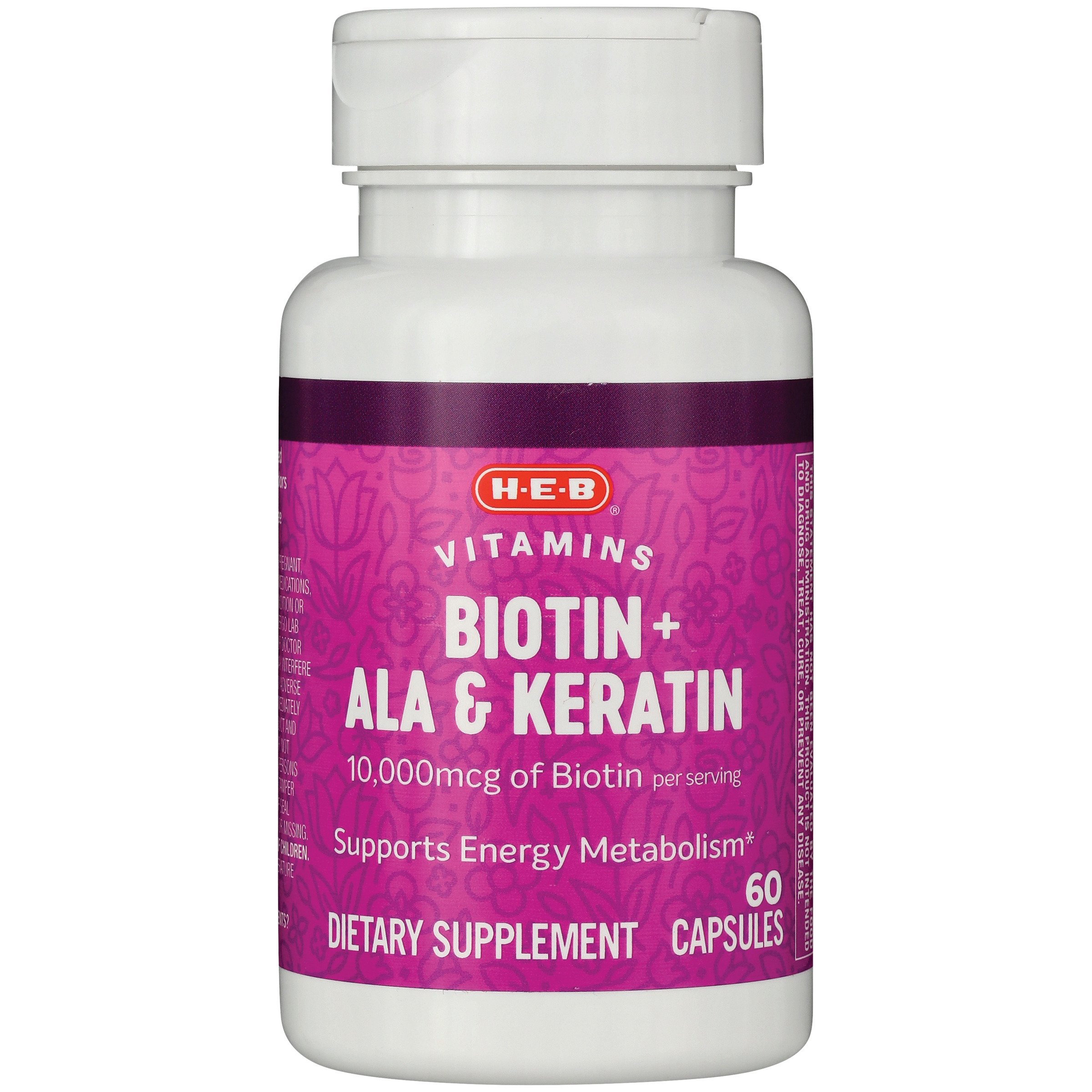 H-E-B Vitamins 10,000 mcg Biotin + ALA & Keratin Capsules, 60 ct