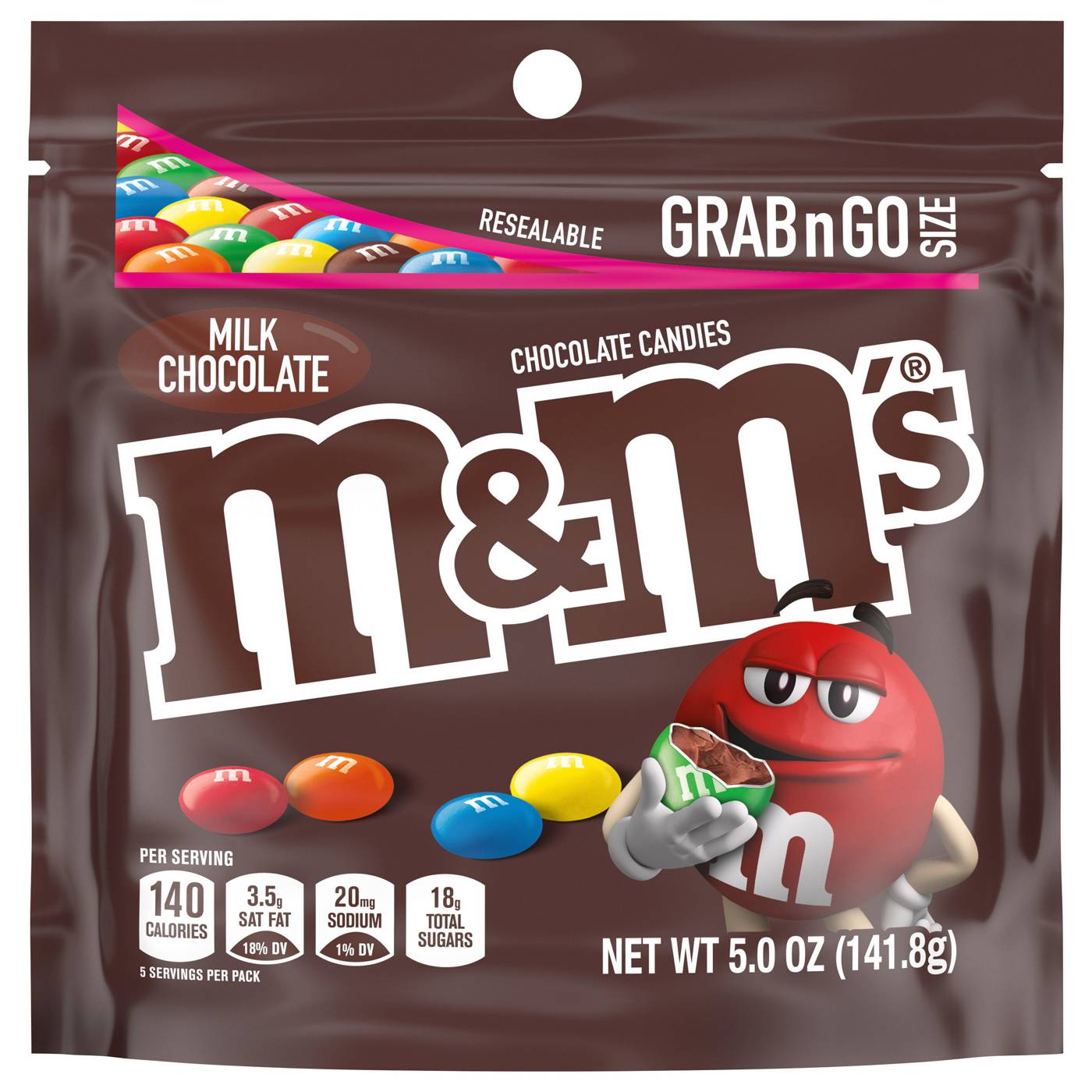 M&M'S Milk Chocolate Candy, Grab N Go, 5 oz Resealable Bag