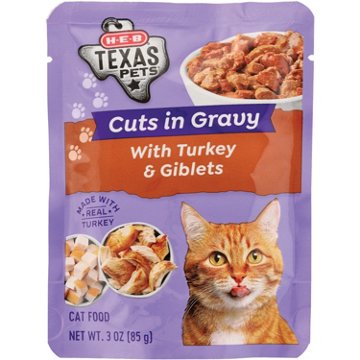 H-E-B Texas Pets Cuts in Gravy Wet Cat Food Pouch – Turkey & Giblets, 3 oz