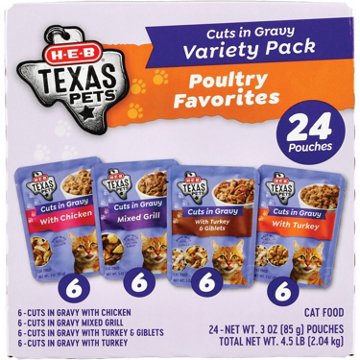 H-E-B Texas Pets Cuts in Gravy Wet Cat Food Pouches Variety Pack – Poultry Favorites