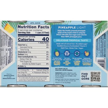 Dole Light Pineapple Juice 6 pk Cans