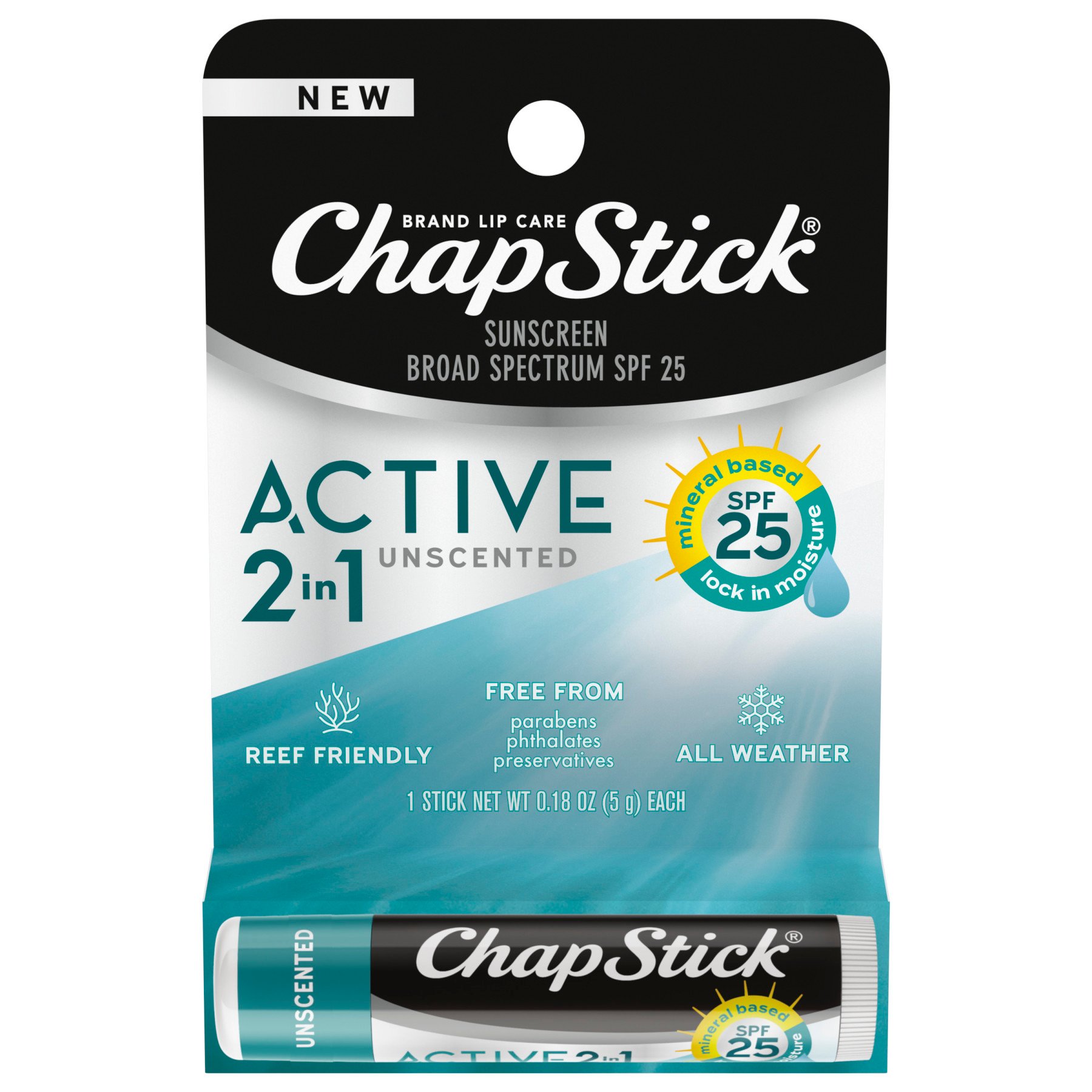 Chapstick Active 2 in 1 SPF 25 Mineral Base Unscented Shop Lip balm & treatments at HEB
