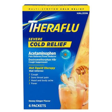 Theraflu Daytime Severe Cold Relief Powder, Cold and Cough Medicine Powder Packets, Honey Ginger Flavors