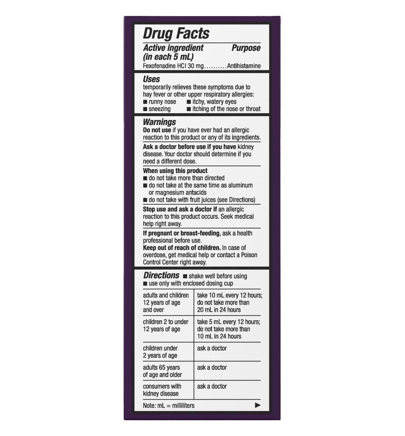 Allegra Children's 12 Hr Allergy Relief Non-Drowsy Liquid; image 7 of 8