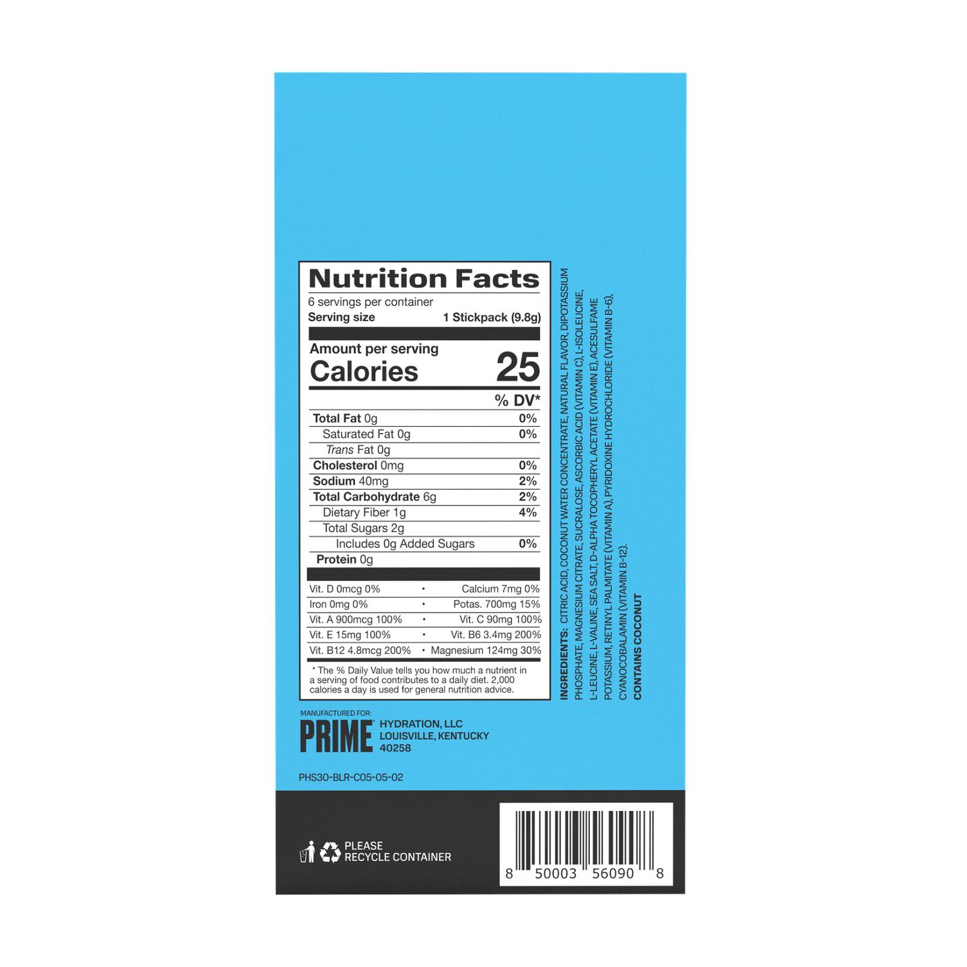 Prime Blue Raspberry Hydration Sticks 6 Count