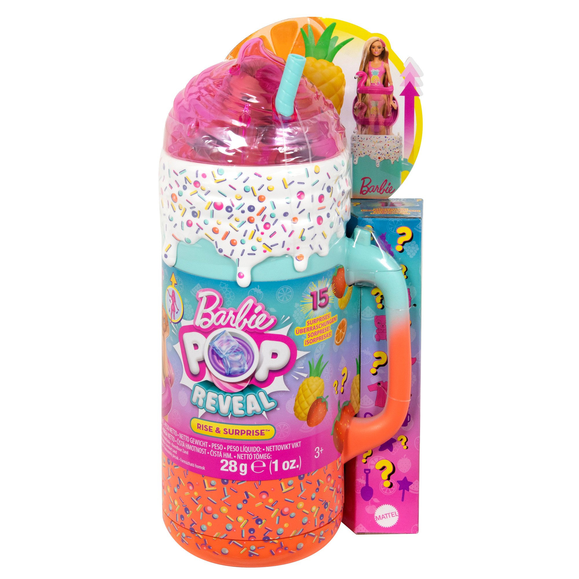 Barbie Pop Reveal Doll & Accessories, Rise & Surprise Fruit Series Gift Set  with Scented Doll, Squishy Scented Pet, Color Change, Moldable Sand 