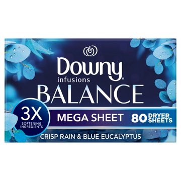 Downy Infusions BALANCE Mega Dryer Sheets Laundry Fabric Softener - Crisp Rain and Blue Eucalyptus, 80 ct