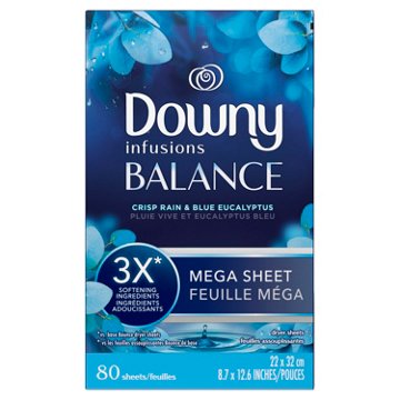 Downy Infusions BALANCE Mega Dryer Sheets Laundry Fabric Softener - Crisp Rain and Blue Eucalyptus, 80 ct