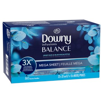 Downy Infusions BALANCE Mega Dryer Sheets Laundry Fabric Softener - Crisp Rain and Blue Eucalyptus, 80 ct
