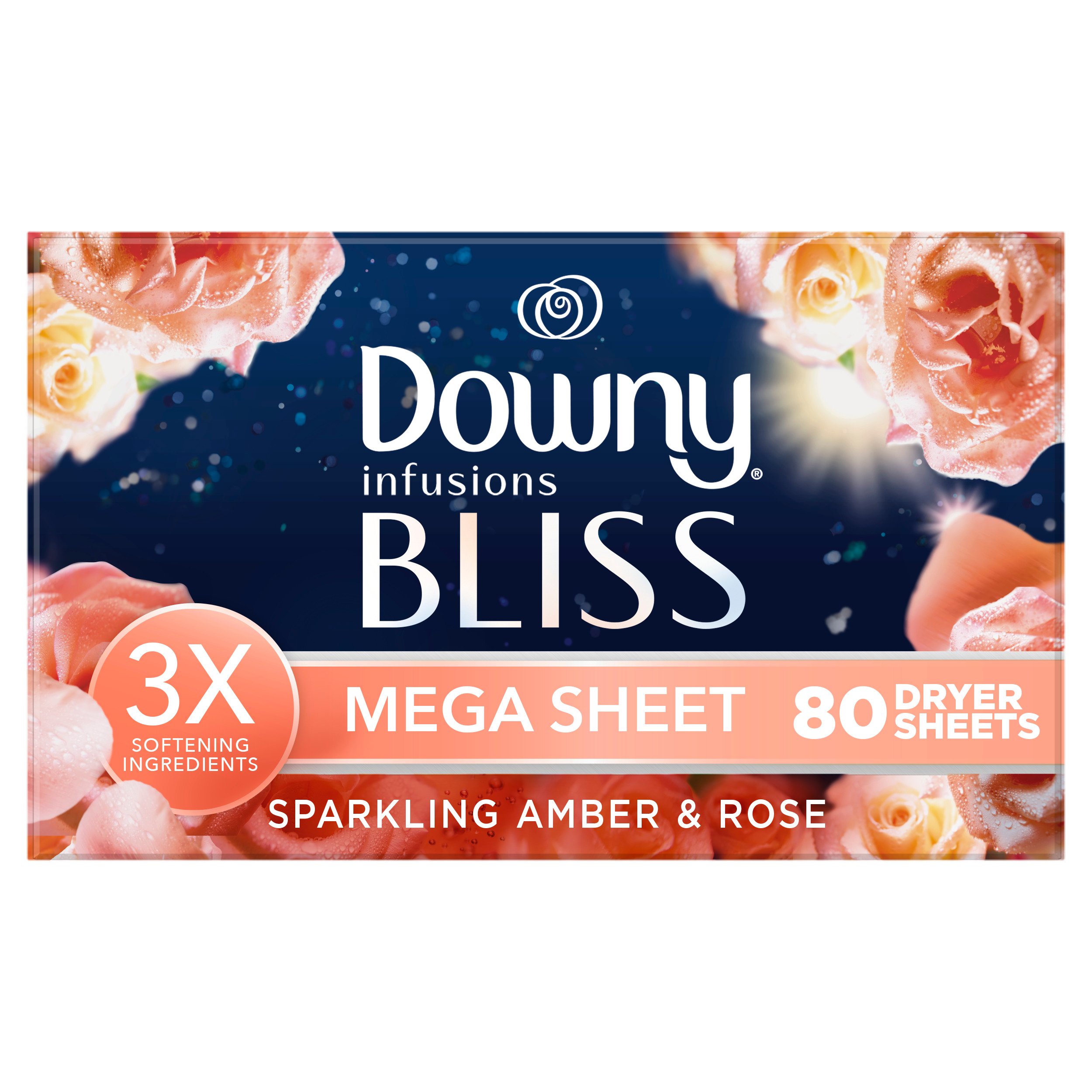 Downy Infusions Bliss Fabric Softener Mega Dryer Sheets Amber & Rose