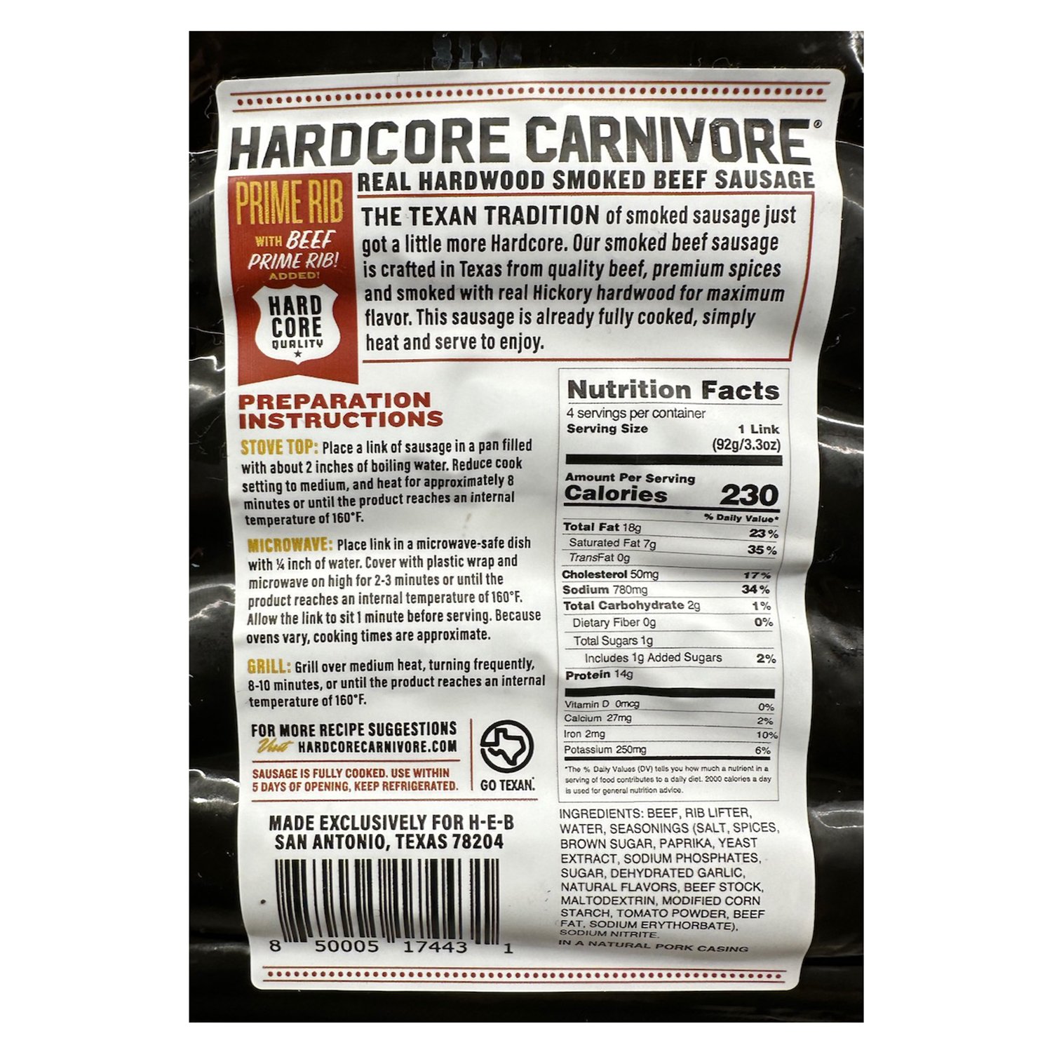 Hardcore Carnivore Beef Smoked Sausage Links - Prime Rib Flavor - Shop ...