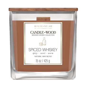 House of Velas Spiced Whiskey Scented Wooden Wick Candle, 15 oz