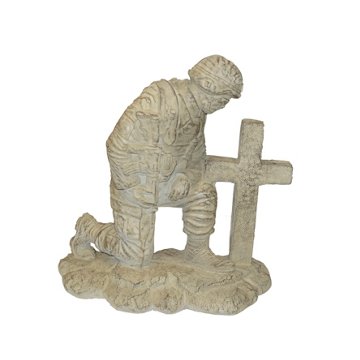 Athens Stonecasting Kneeling Soldier at Cross Concrete Statue, 22" x 11" x 20"