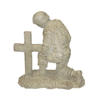 Athens Stonecasting Kneeling Soldier at Cross Concrete Statue, 22" x 11" x 20"