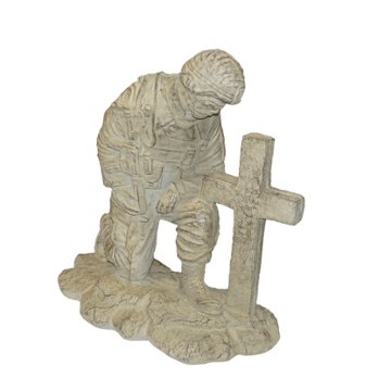 Athens Stonecasting Kneeling Soldier at Cross Concrete Statue, 22" x 11" x 20"