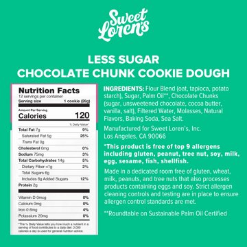 Sweet Loren's Gluten Free & Vegan Less Sugar Chocolate Chunk Cookie Dough, 12 oz