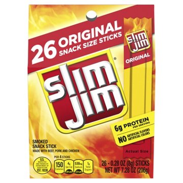 Slim Jim 6g Protein Original Snack-Size Smoked Meat Sticks, 26 ct