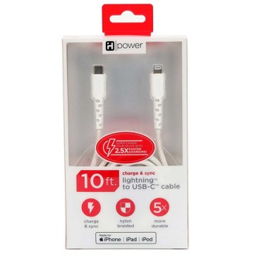 iHome Nylon Lightning to USB-C Charging Cable - White, 10'