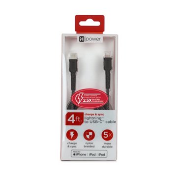 iHome Lightning to USB-C Charging Cable - Black, 4'