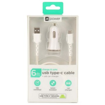 iHome USB-C Cable with Car Charger - White, 6'