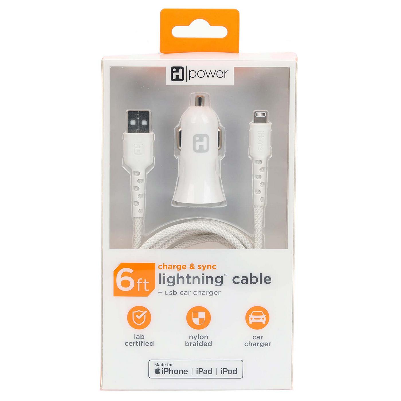 iHome Lightning to USB-A Cable with Car Charger - White; image 1 of 3